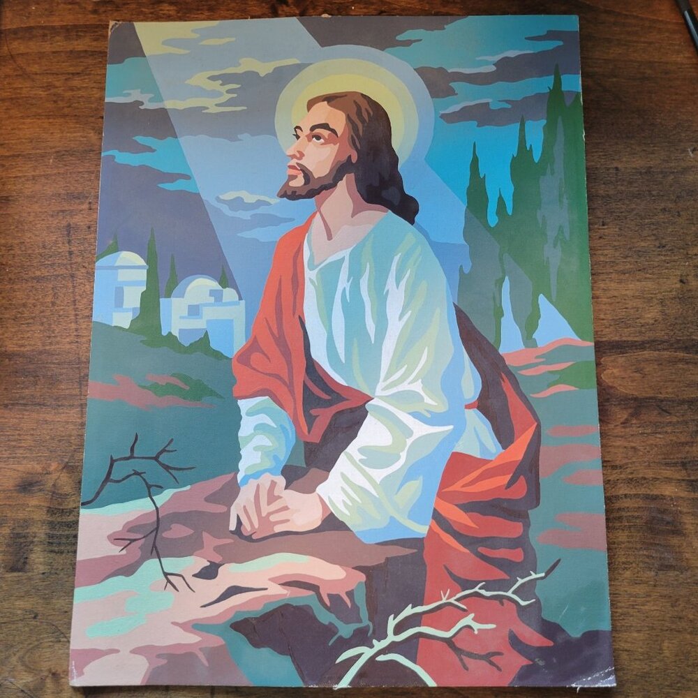 1970s Jesus Paint By Numbers Artwork On Board Religious Unframed 16 x 12